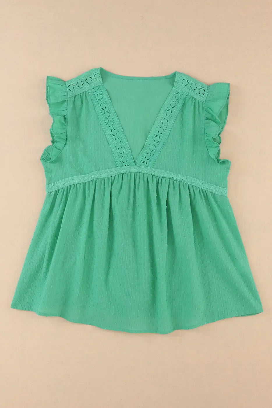 Green eyelet v neckline ruffle swiss dot top - t-shirts