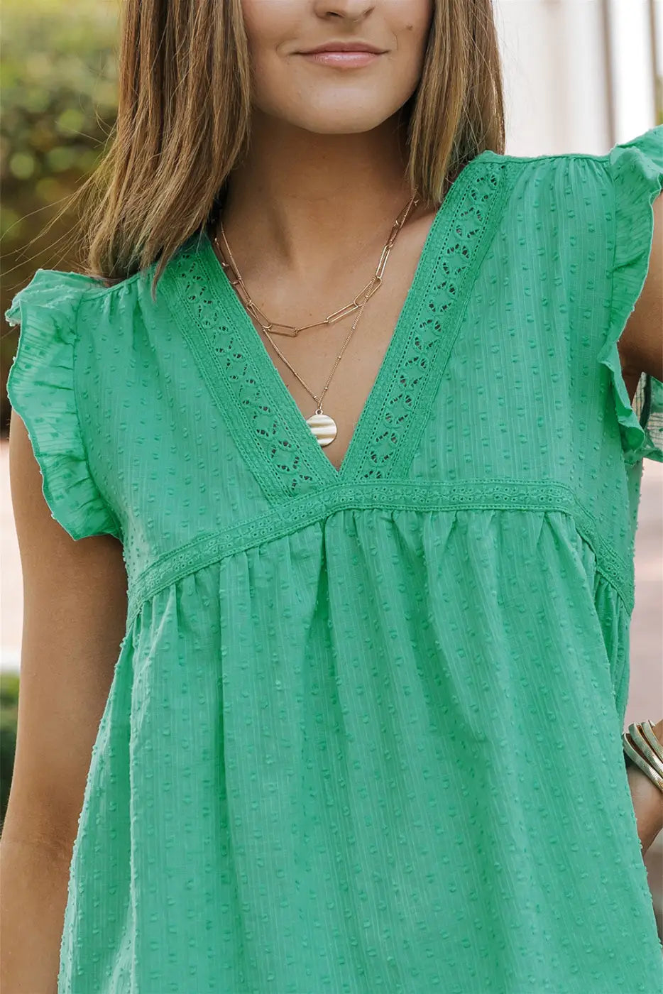 Green eyelet v neckline ruffle swiss dot top - t-shirts