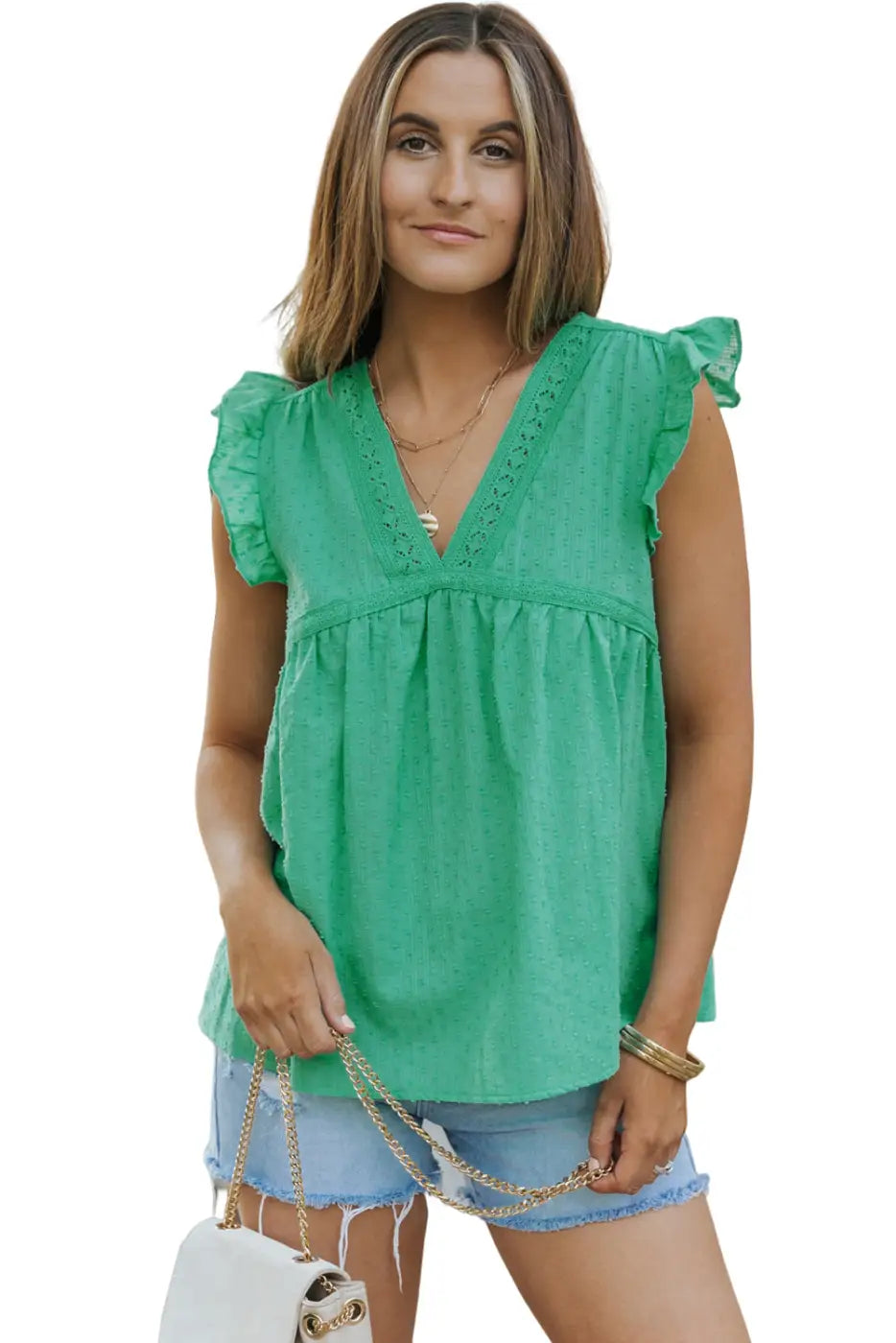 Green eyelet v neckline ruffle swiss dot top - t-shirts