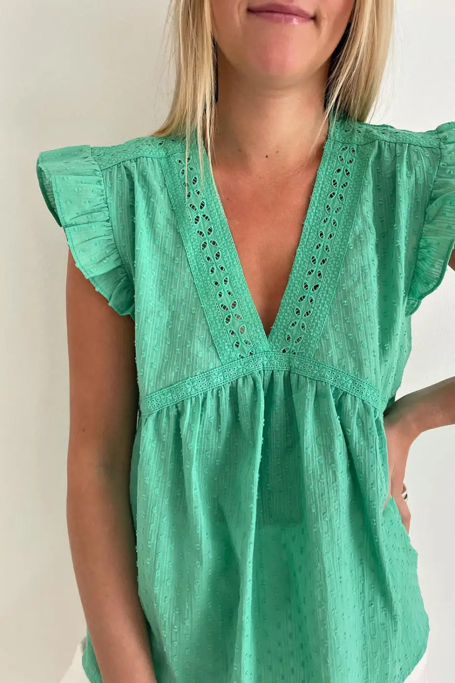 Green eyelet v neckline ruffle swiss dot top - t-shirts