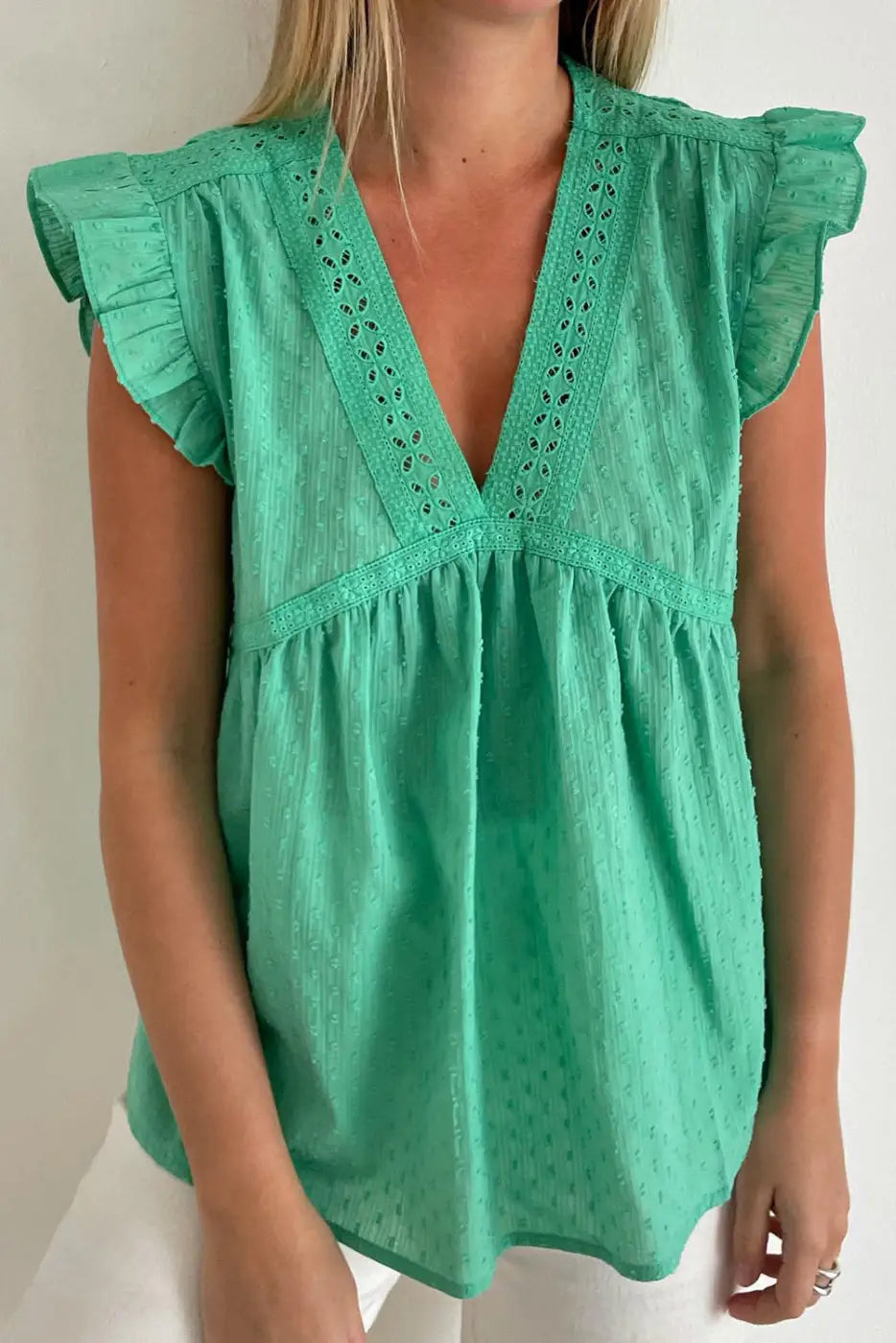 Green eyelet v neckline ruffle swiss dot top - t-shirts