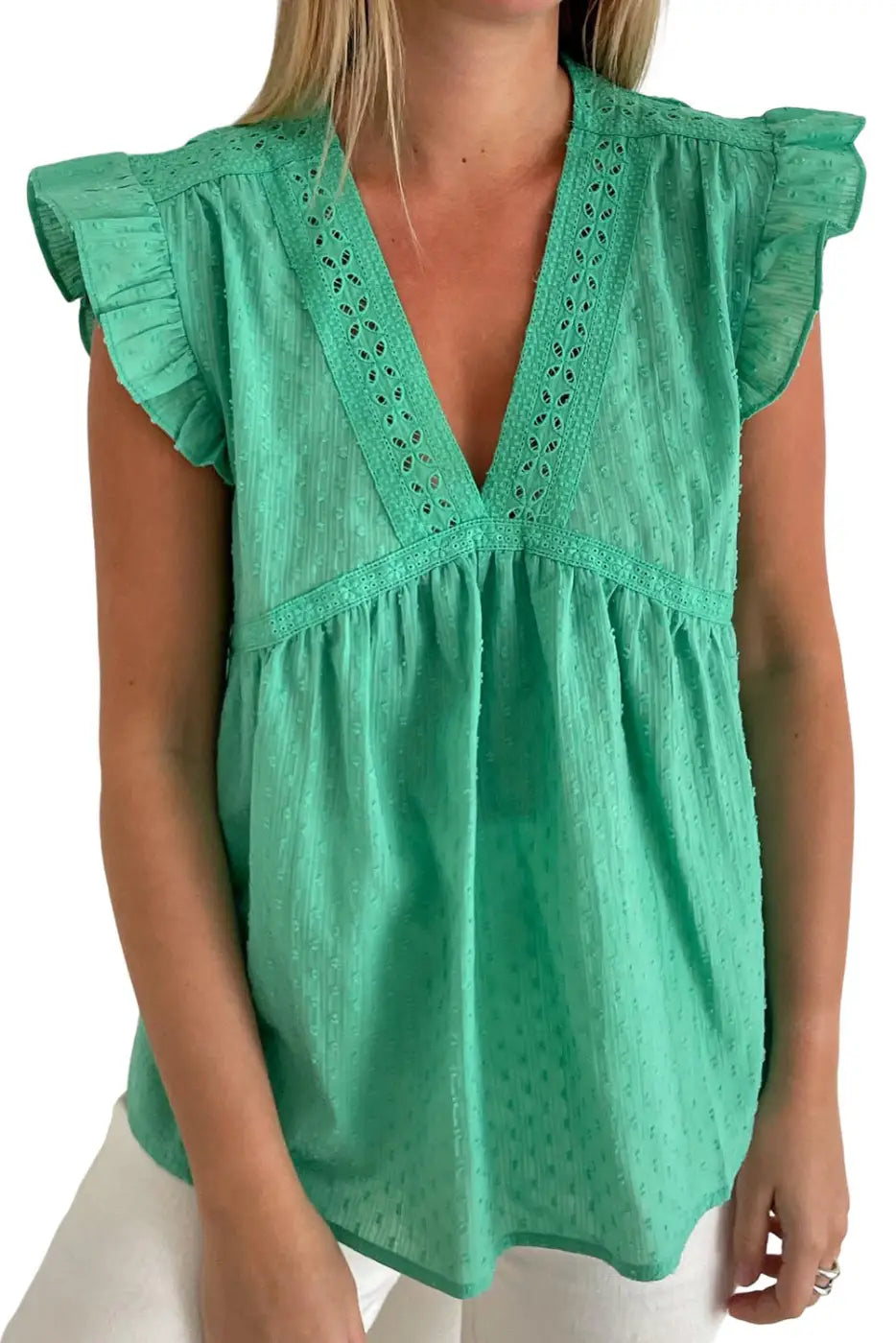 Green eyelet v neckline ruffle swiss dot top - t-shirts