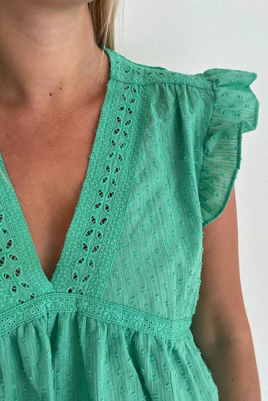 Green eyelet v neckline ruffle swiss dot top - t-shirts