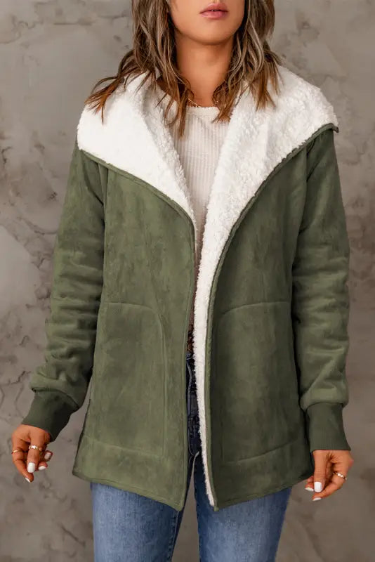 Green faux suede fleece lined open front jacket - jackets