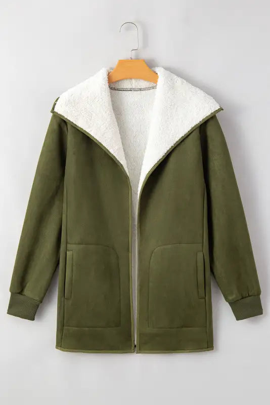 Green faux suede fleece lined open front jacket - jackets