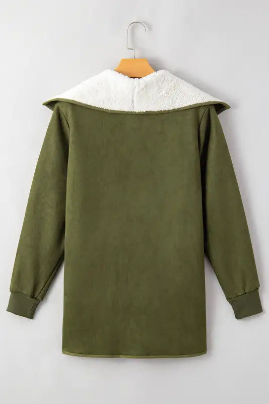 Green faux suede fleece lined open front jacket - jackets