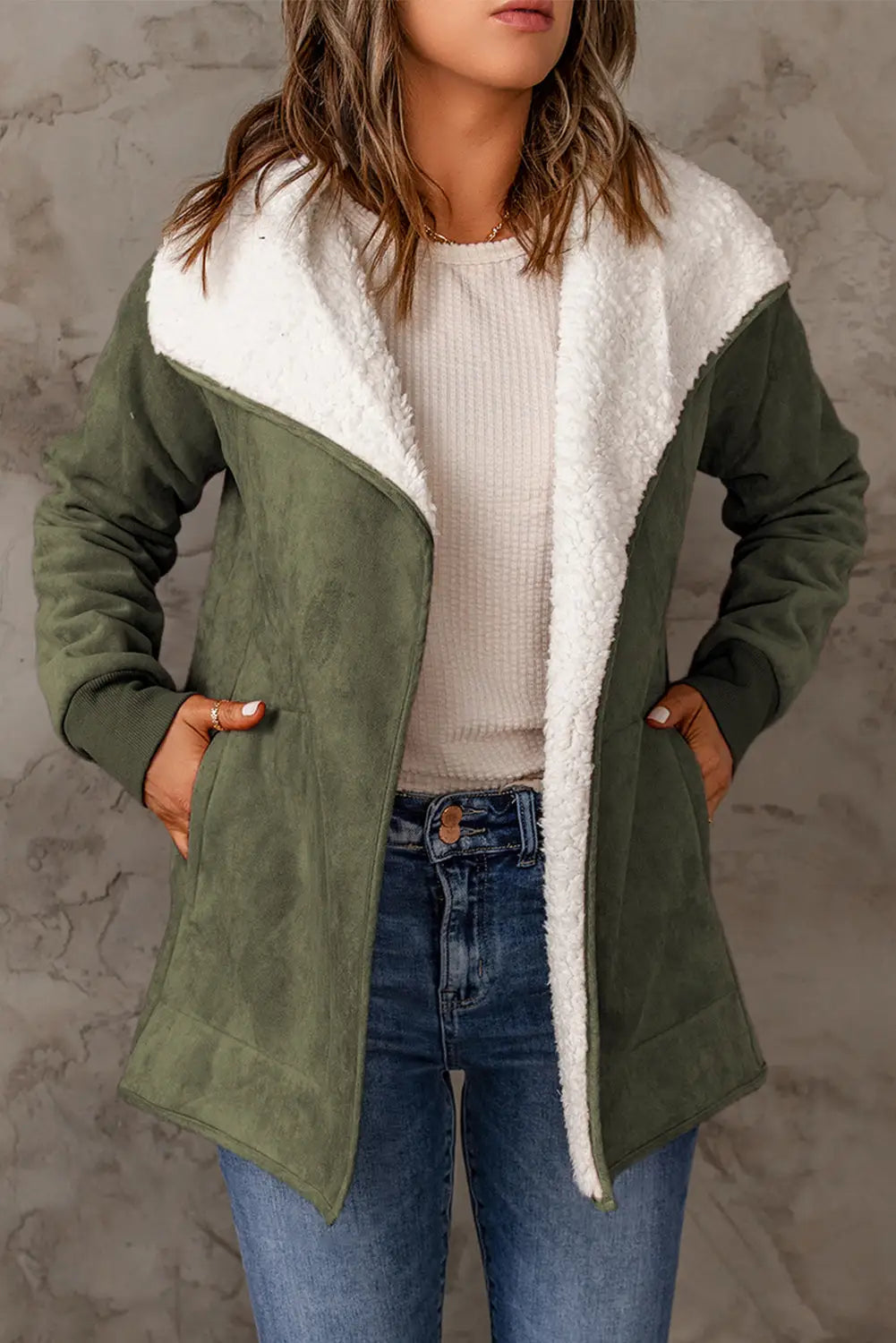 Green faux suede fleece lined open front jacket - l / 100% polyester - winter jackets