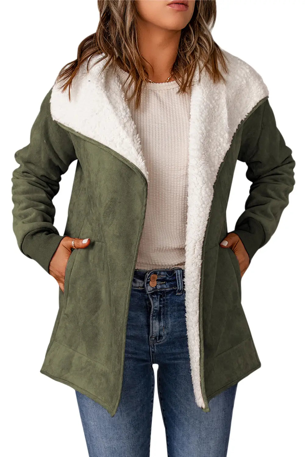 Green faux suede fleece lined open front jacket - outerwear
