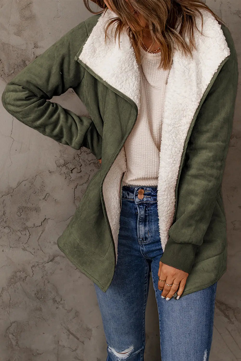 Green faux suede fleece lined open front jacket - winter jackets