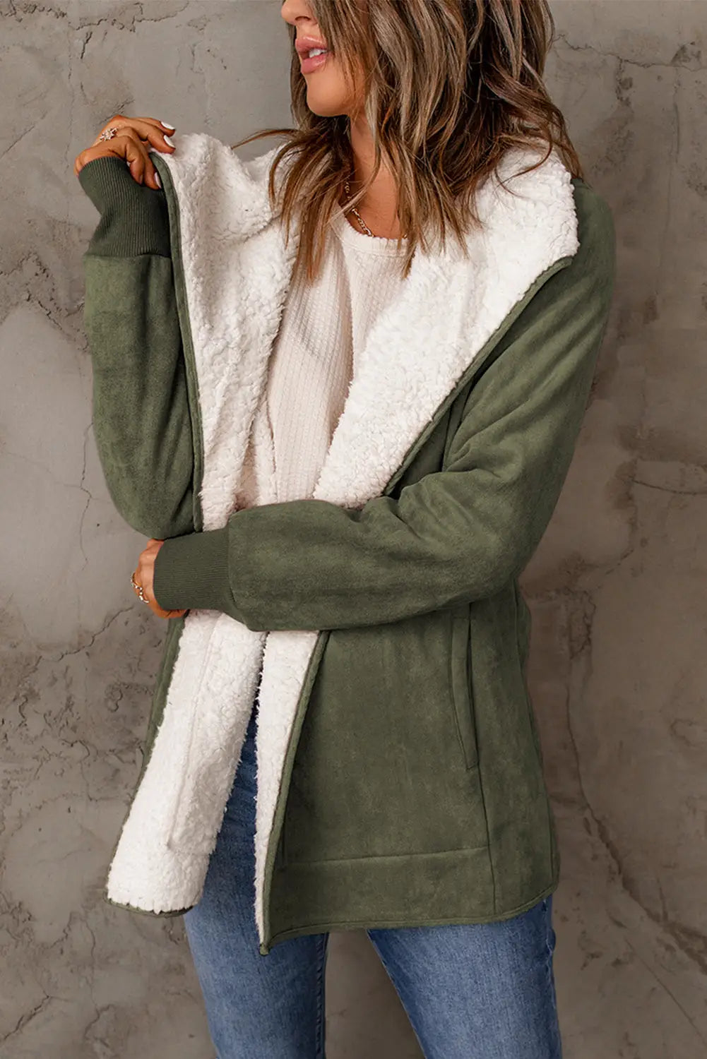 Green faux suede fleece lined open front jacket - outerwear