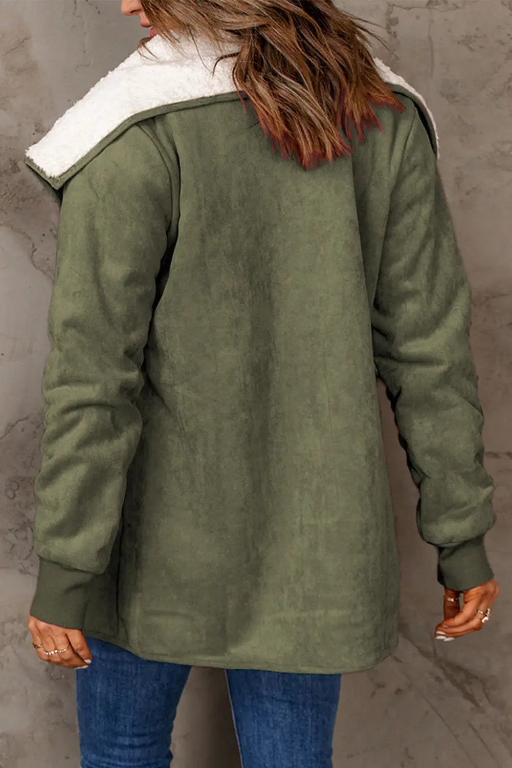 Green faux suede fleece lined open front jacket - winter jackets