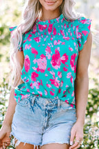 Green Floral Flutter Sleeve Ruched Blouse - Fashionfitz
