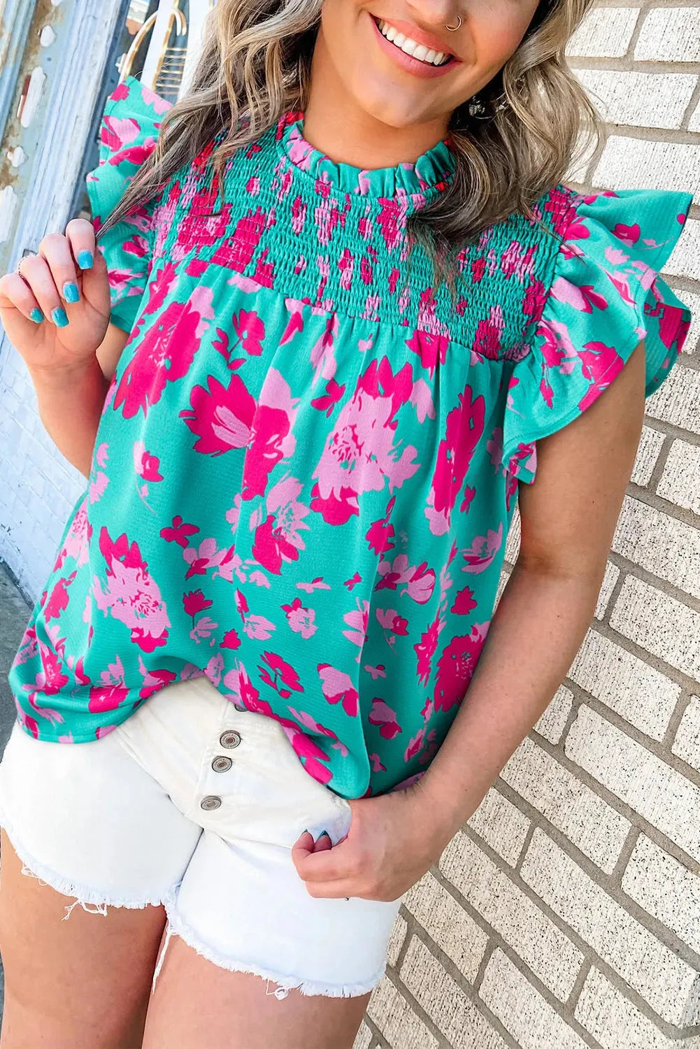 Green Floral Flutter Sleeve Ruched Blouse - Fashionfitz