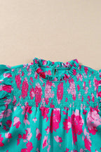 Green Floral Flutter Sleeve Ruched Blouse - Fashionfitz