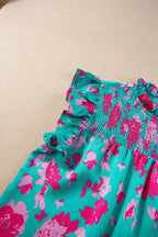 Green Floral Flutter Sleeve Ruched Blouse - Fashionfitz