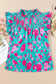 Green Floral Flutter Sleeve Ruched Blouse - Fashionfitz