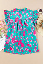 Green Floral Flutter Sleeve Ruched Blouse - Fashionfitz