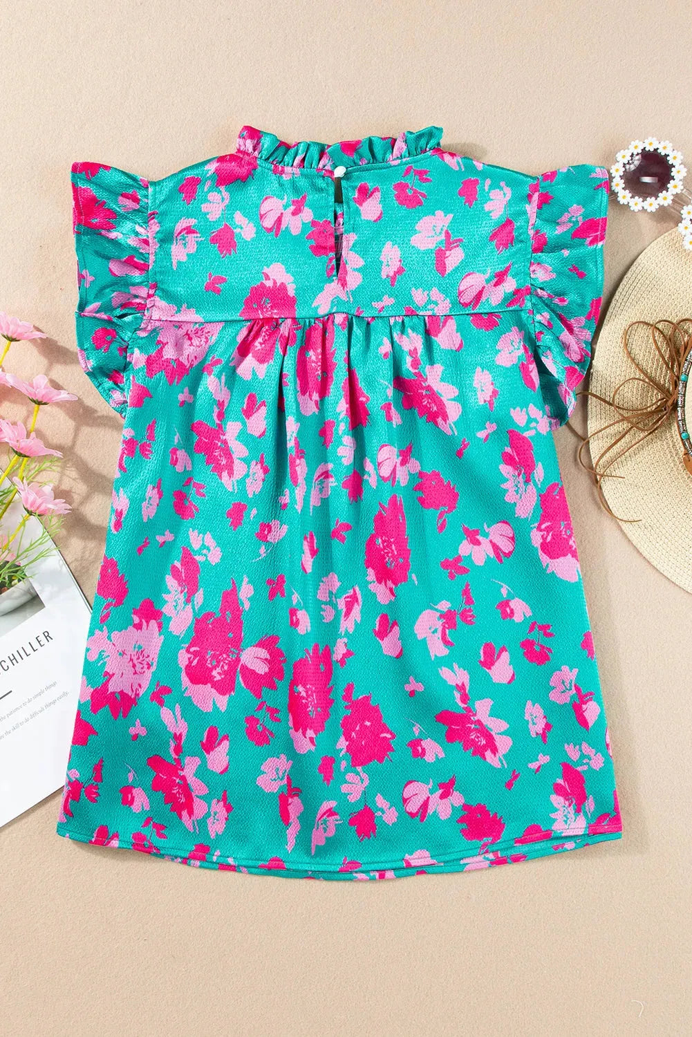 Green Floral Flutter Sleeve Ruched Blouse - Fashionfitz