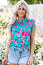 Green Floral Flutter Sleeve Ruched Blouse - Fashionfitz