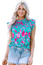 Green Floral Flutter Sleeve Ruched Blouse - Fashionfitz