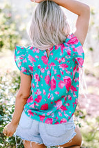 Green Floral Flutter Sleeve Ruched Blouse - Fashionfitz