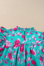 Green Floral Flutter Sleeve Ruched Blouse - Fashionfitz