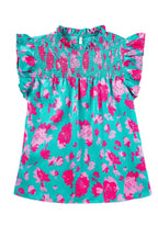 Green Floral Flutter Sleeve Ruched Blouse - Fashionfitz