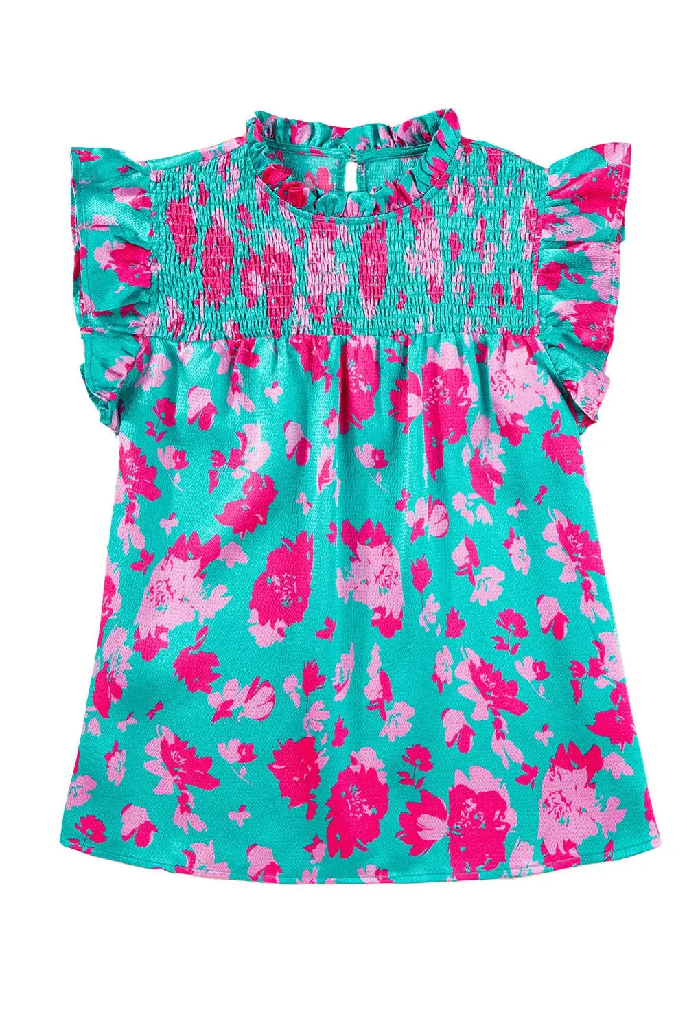 Green Floral Flutter Sleeve Ruched Blouse - Fashionfitz