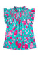 Green Floral Flutter Sleeve Ruched Blouse - Fashionfitz