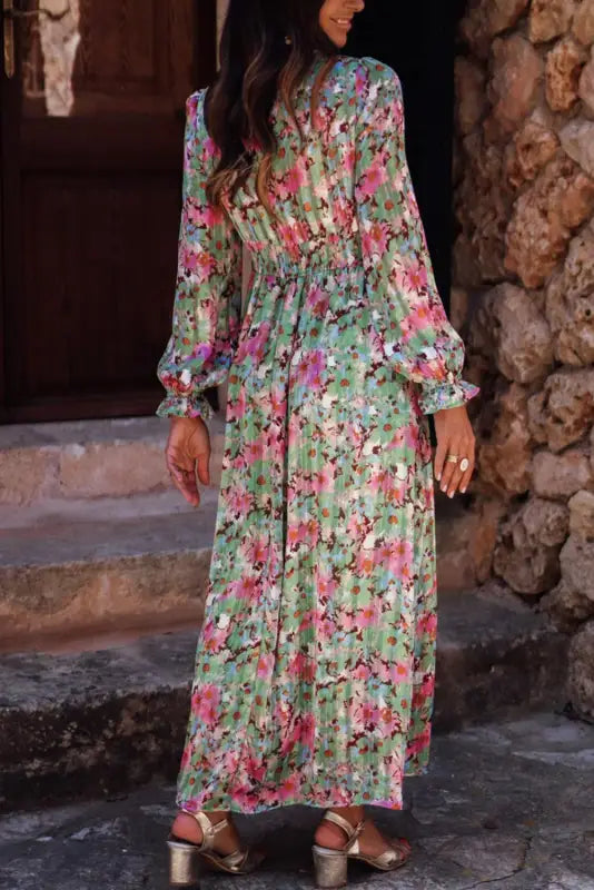 Green floral maxi dress - deep v neck ruched cinched waist - dresses