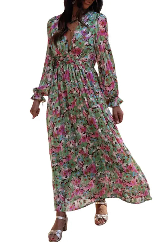 Green floral maxi dress - deep v neck ruched cinched waist - dresses