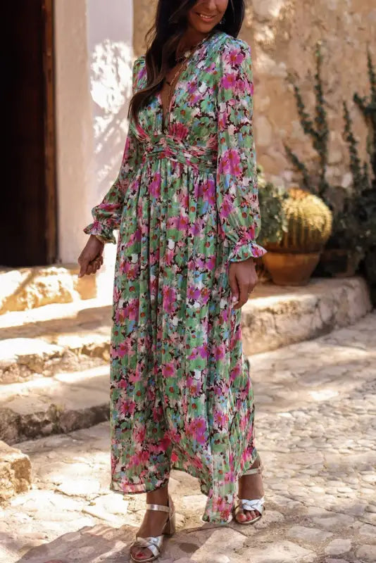 Green floral maxi dress - deep v neck ruched cinched waist - dresses