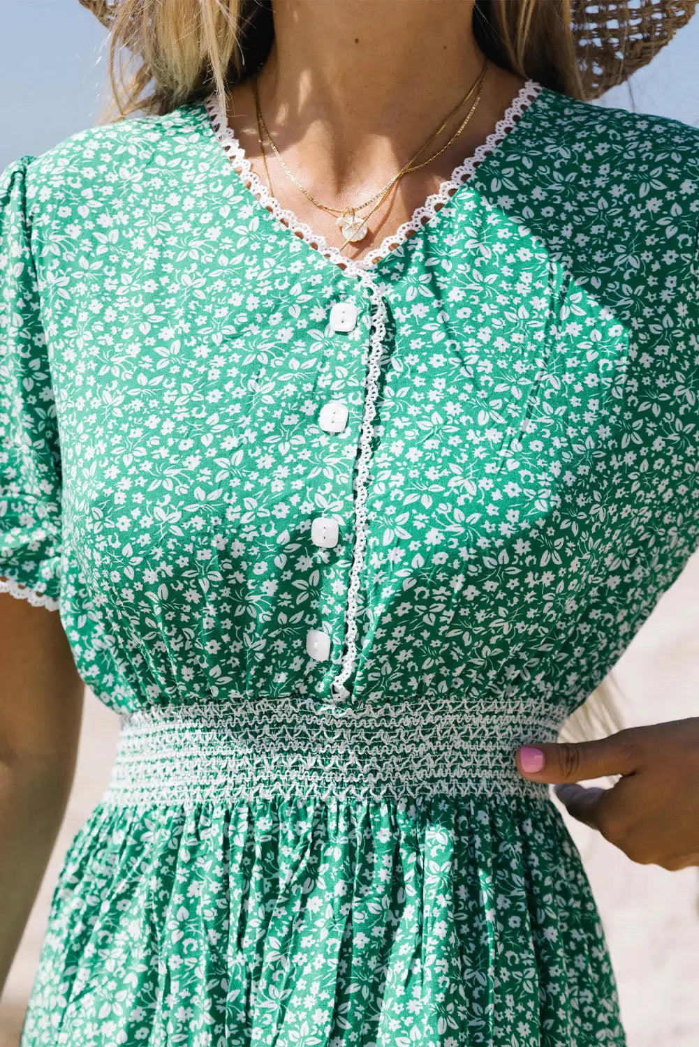 Green floral print lace splicing flared high waist midi dress - dresses