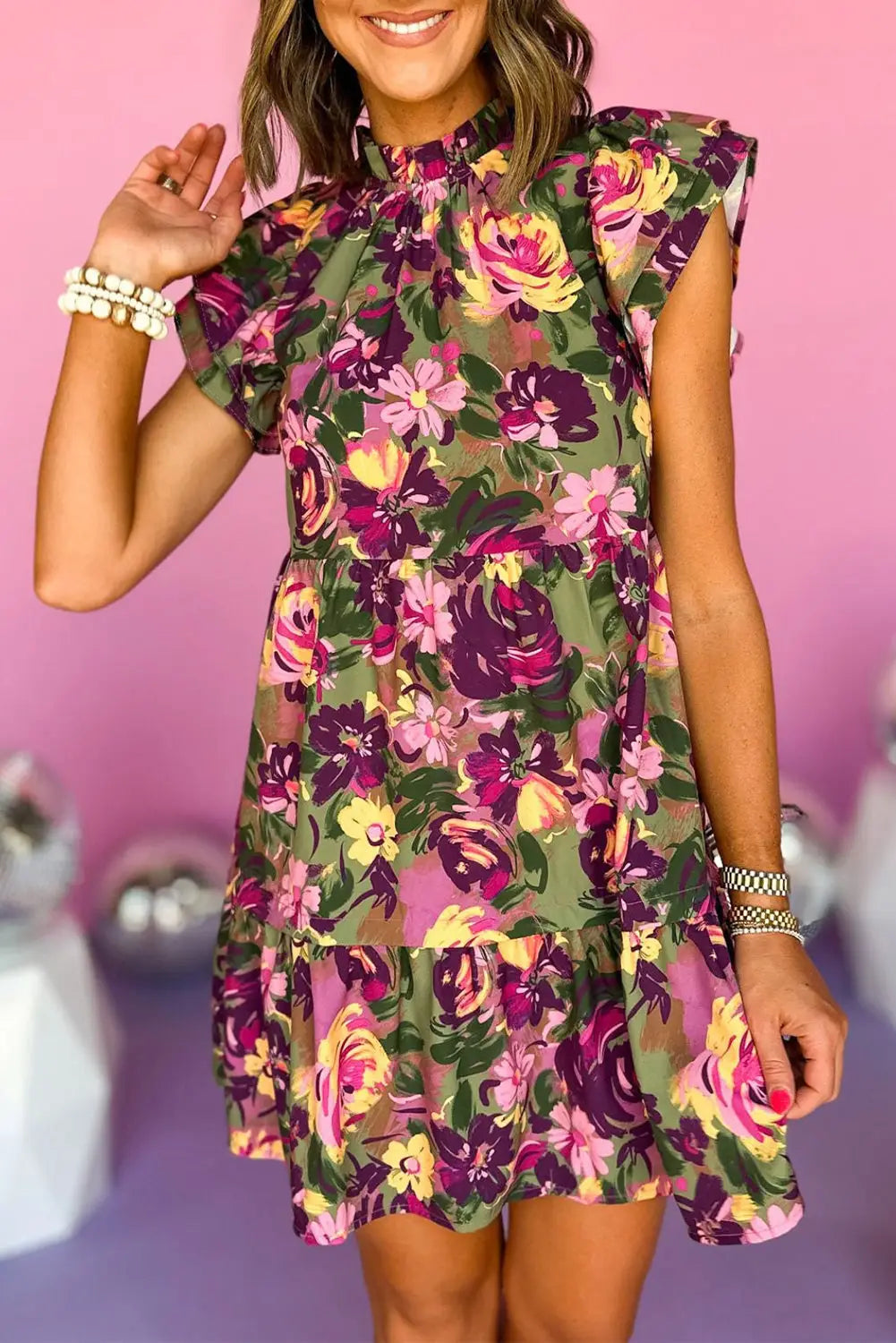 Green floral print mini dress - l / 100% polyester - dresses