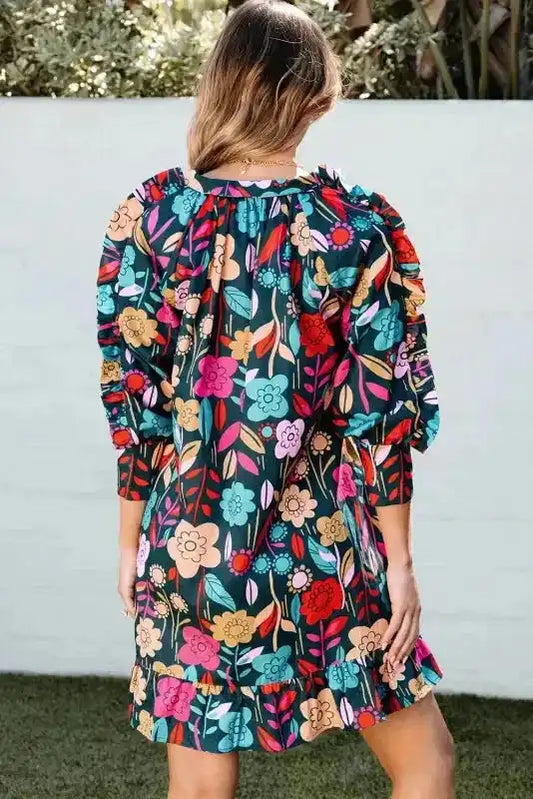 Green Floral Print Puff Sleeve Ruffled Mini Dress - Fashionfitz