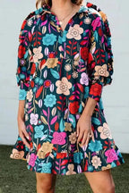 Green Floral Print Puff Sleeve Ruffled Mini Dress - Fashionfitz