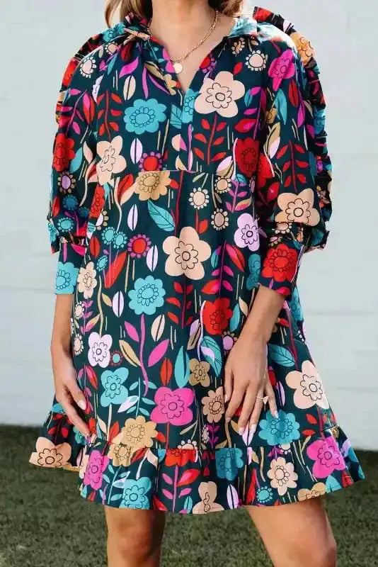 Green Floral Print Puff Sleeve Ruffled Mini Dress - Fashionfitz