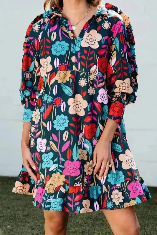 Green Floral Print Puff Sleeve Ruffled Mini Dress - Fashionfitz