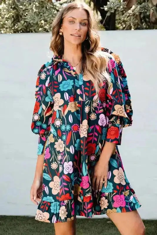 Green Floral Print Puff Sleeve Ruffled Mini Dress - Fashionfitz
