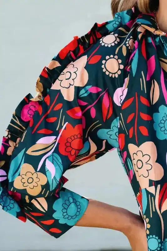 Green Floral Print Puff Sleeve Ruffled Mini Dress - Fashionfitz