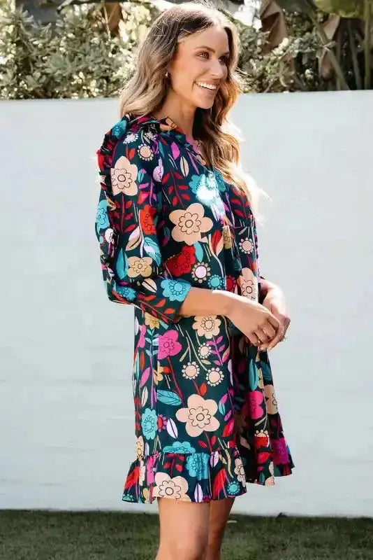 Green Floral Print Puff Sleeve Ruffled Mini Dress - Fashionfitz