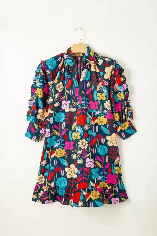 Green Floral Print Puff Sleeve Ruffled Mini Dress - Fashionfitz