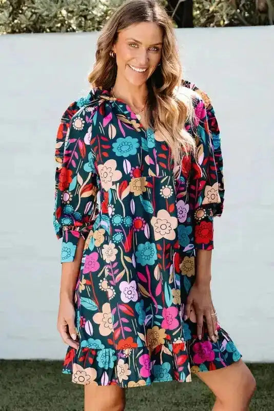 Green Floral Print Puff Sleeve Ruffled Mini Dress - Fashionfitz