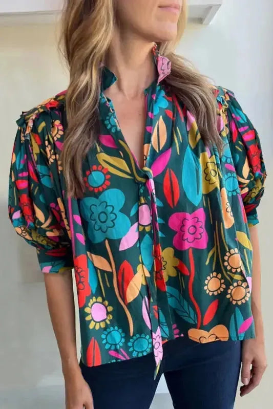 Green Floral Puff Sleeve Blouse - Fashionfitz