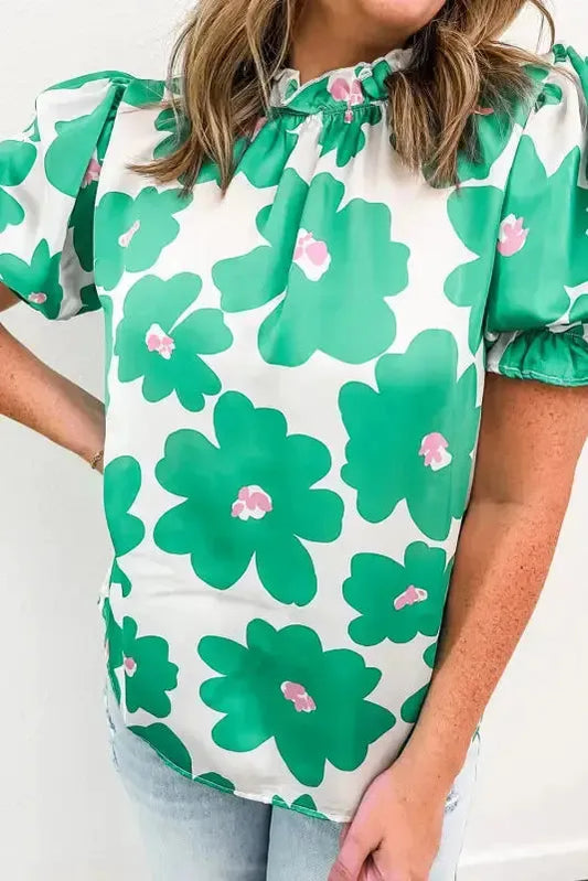 Green Floral Puff Sleeve Frill Neckline Blouse - Fashionfitz