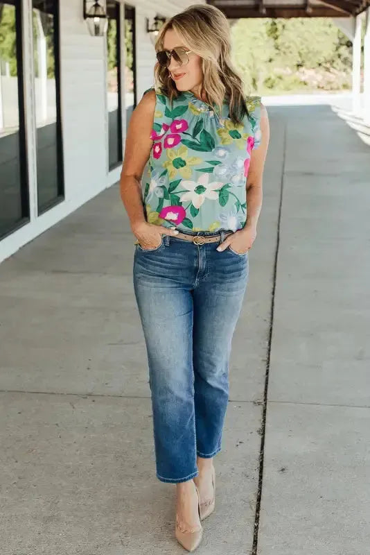 Green Floral Ruffle Trim Tank Top - Fashionfitz