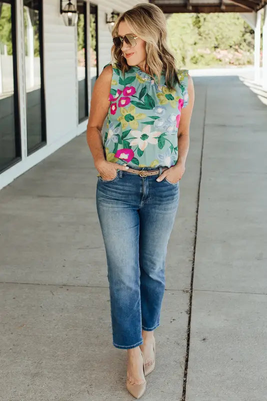 Green floral print ruffle trim tank top - tops