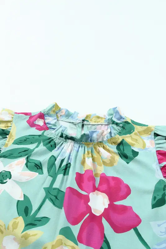 Green floral print ruffle trim tank top - tops