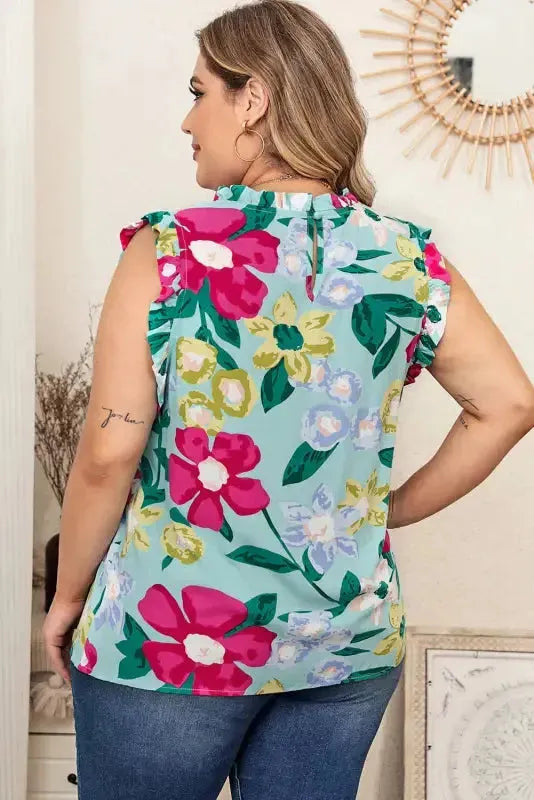 Green Floral Ruffle Trim Tank Top - Fashionfitz
