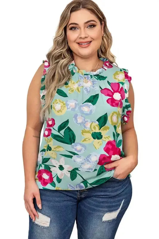 Green Floral Ruffle Trim Tank Top - Fashionfitz
